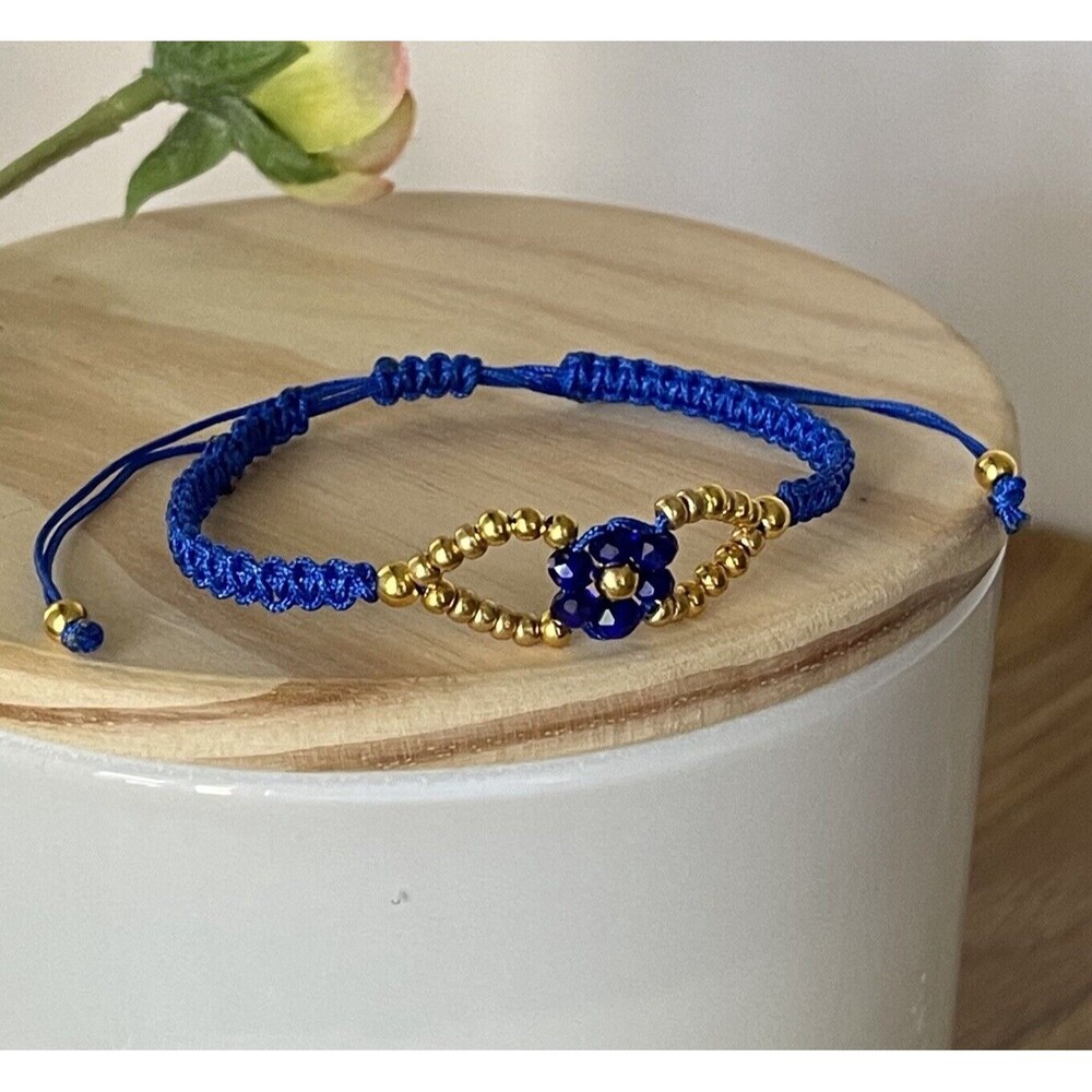 Handmade Blue Macrame Bracelet Gold Beads Flower Adjustable Boho Jewelry Gift - Picture 8 of 12